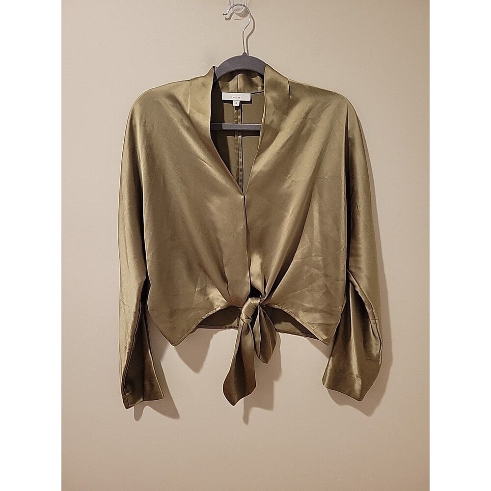 The Sei Silk Tie Front Blouse Size 4 Olive Satin Luxury Modern Minimalist Top - Picture 2 of 10